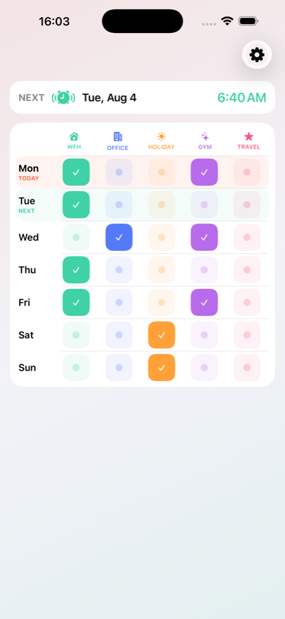 The weekly grid, with one segmented control per day