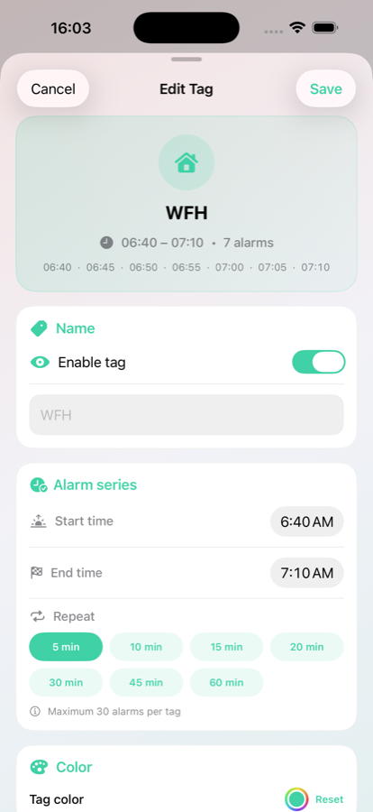 The tag editor, showing an alarm series from 06:40 to 07:10 that produces seven alarms