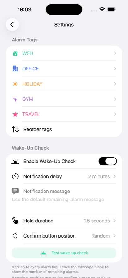 The settings screen